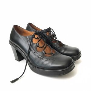 BCBG Black Leather Lace-Up Block Heels Babydoll Retro Boho 3.5" Heel Size 8.5